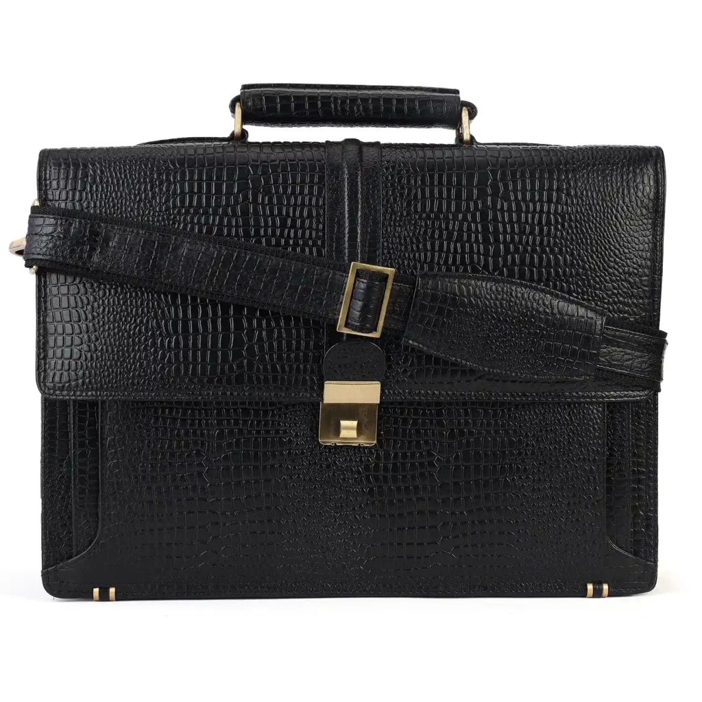 Black Leather Laptop Bag for Men - Front