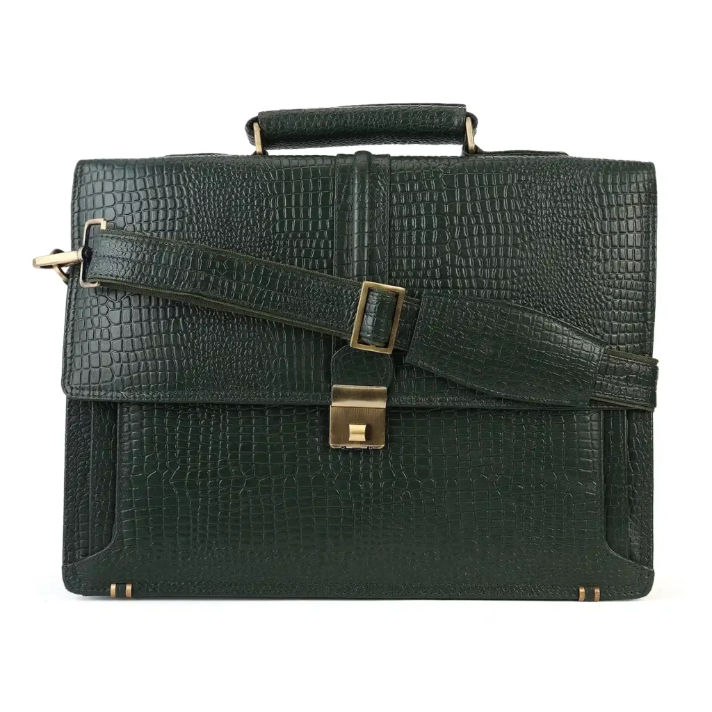 Green Leather Laptop Bag for Men - Front