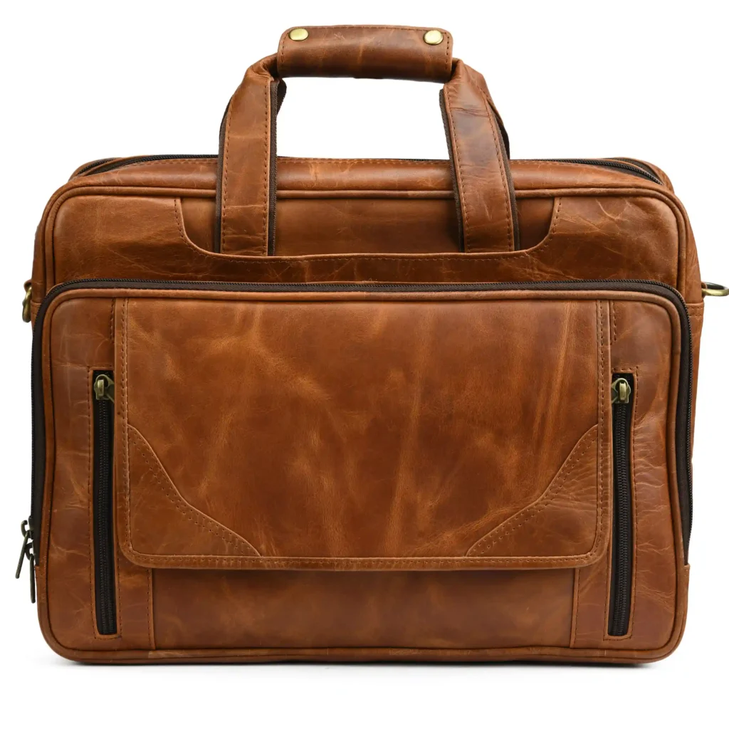 Tan Crunch Leather Laptop Bag - Front