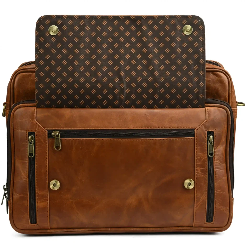 Tan Crunch Leather Laptop Bag - Front Open