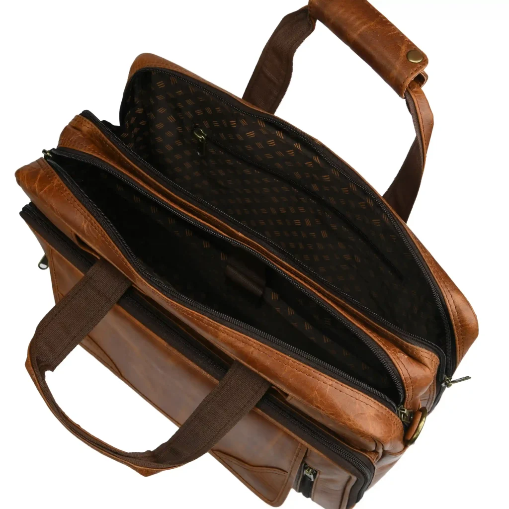 Tan Crunch Leather Laptop Bag - Inside